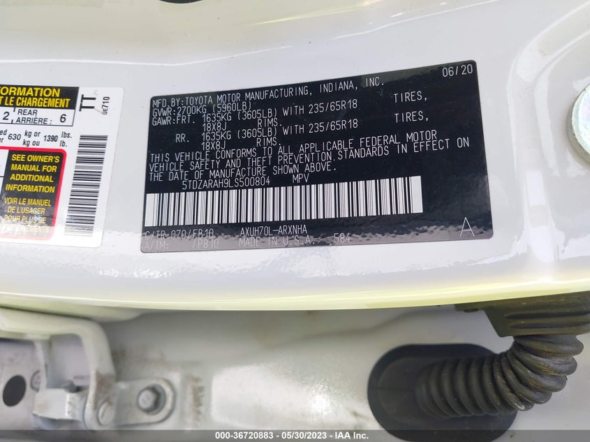 VIN 5TDZARAH9LS500804 2020 TOYOTA HIGHLANDER HYBRID LE