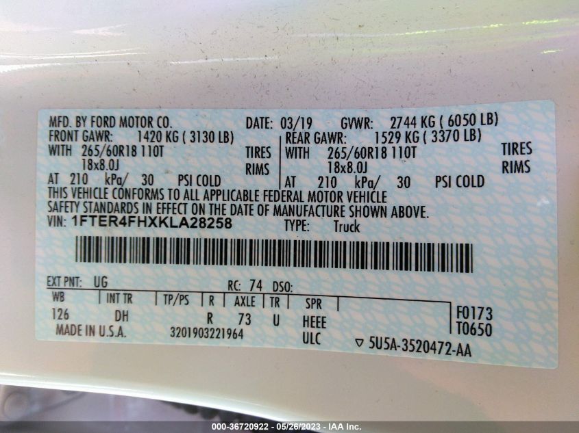 2019 FORD RANGER XL/XLT/LARIAT - 1FTER4FHXKLA28258