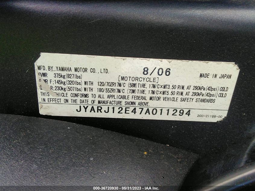2007 YAMAHA YZFR6 L JYARJ12E47A011294