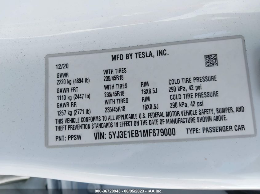 2021 TESLA MODEL 3 LONG RANGE - 5YJ3E1EB1MF879000