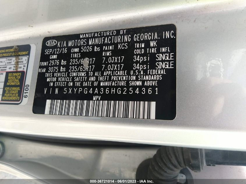 2017 KIA SORENTO L - 5XYPG4A36HG254361