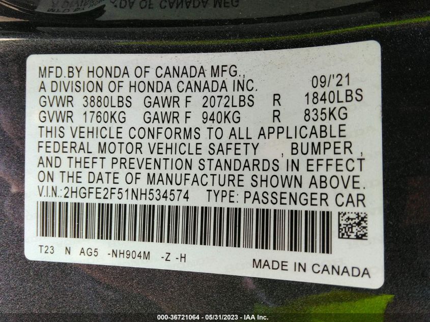 2022 HONDA CIVIC SEDAN SPORT - 2HGFE2F51NH534574