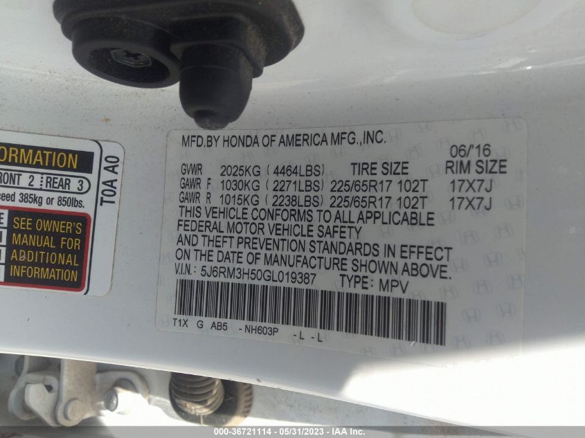 2016 HONDA CR-V EX - 5J6RM3H50GL019387