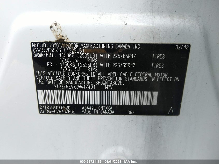 VIN 2T3ZFREVXJW447401 2018 TOYOTA RAV4 LE