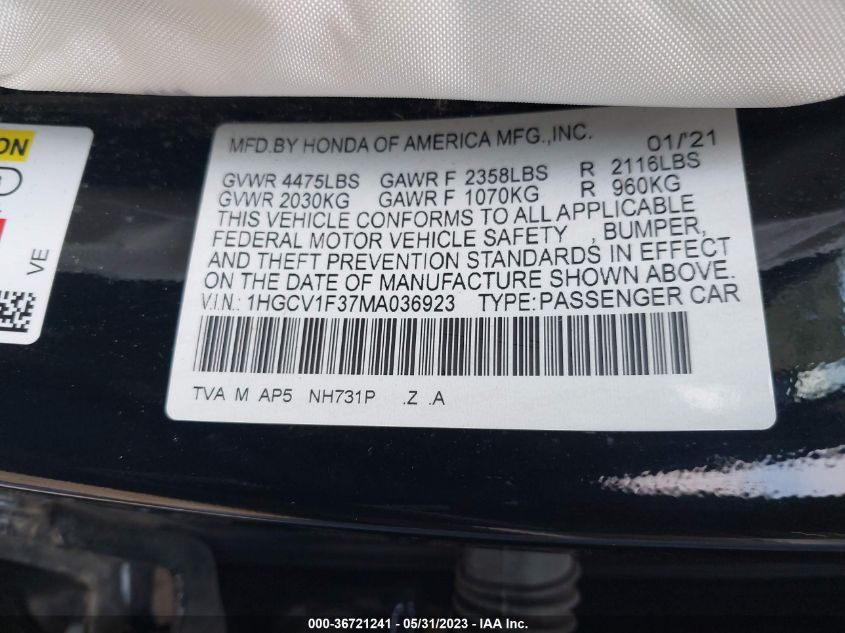 2021 HONDA ACCORD SEDAN SPORT - 1HGCV1F37MA036923