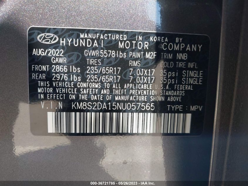 2022 HYUNDAI SANTA FE HYBRID BLUE - KM8S2DA15NU057565
