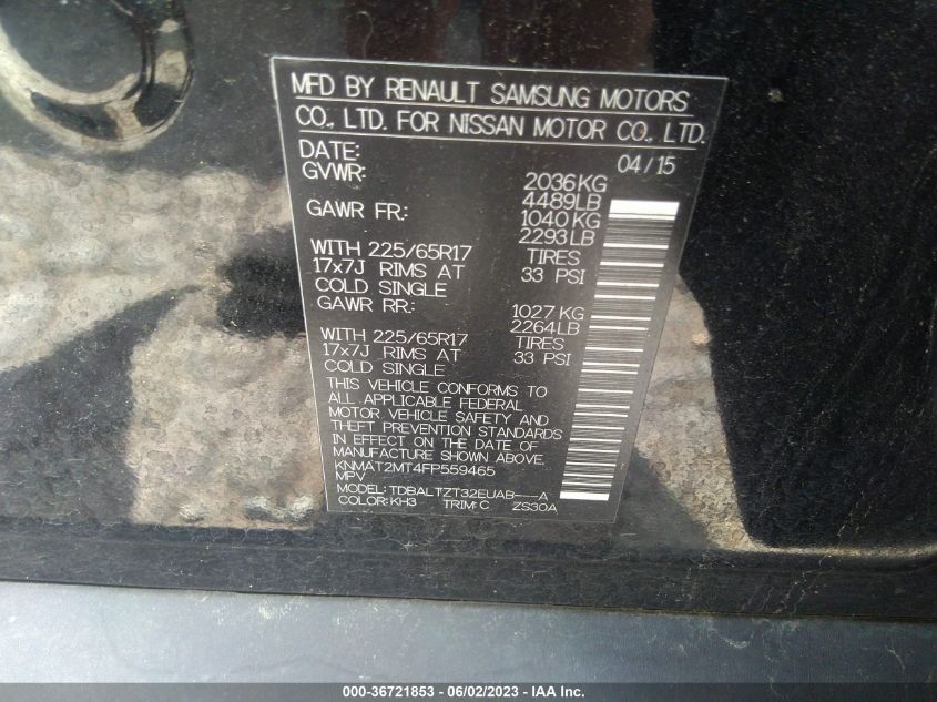 2015 NISSAN ROGUE SV - KNMAT2MT4FP559465