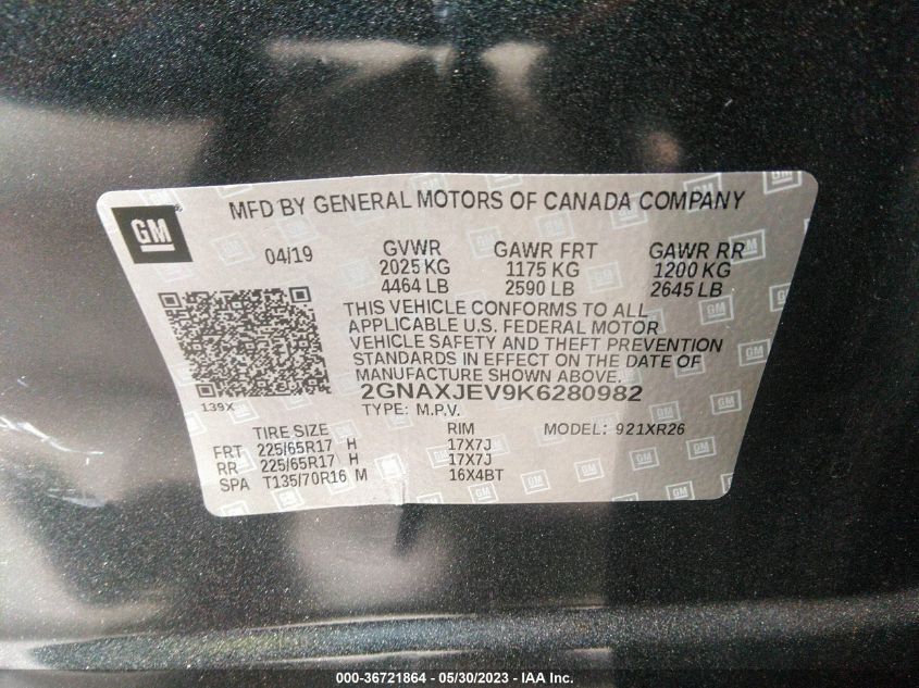 2019 CHEVROLET EQUINOX LT - 2GNAXJEV9K6280982
