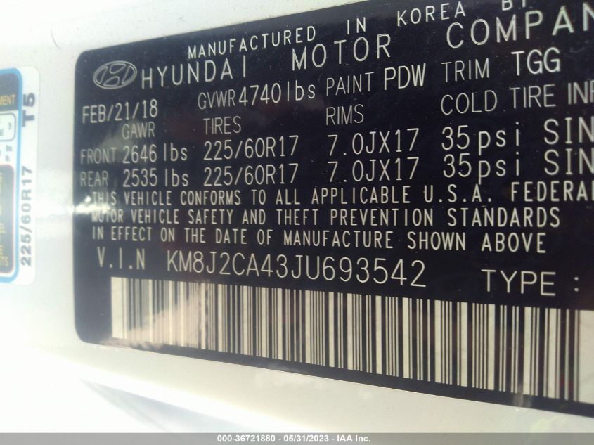2018 HYUNDAI TUCSON SE - KM8J2CA43JU693542