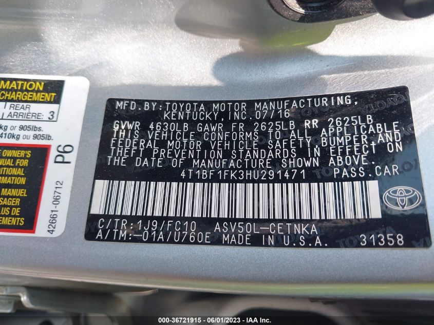 2017 TOYOTA CAMRY XLE/SE/LE/XSE - 4T1BF1FK3HU291471