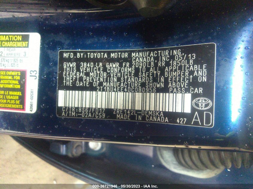 2013 TOYOTA COROLLA L/LE/S - 2T1BU4EE4DC080956