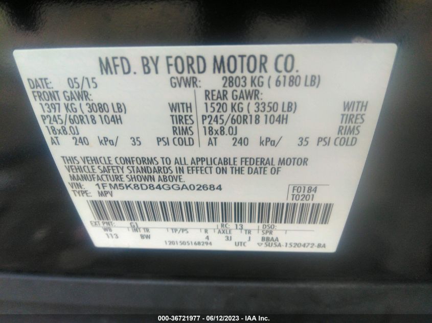 2016 FORD EXPLORER XLT - 1FM5K8D84GGA02684