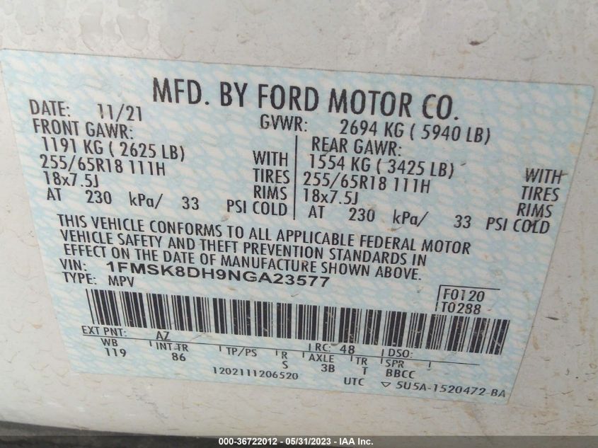 2022 FORD EXPLORER XLT - 1FMSK8DH9NGA23577