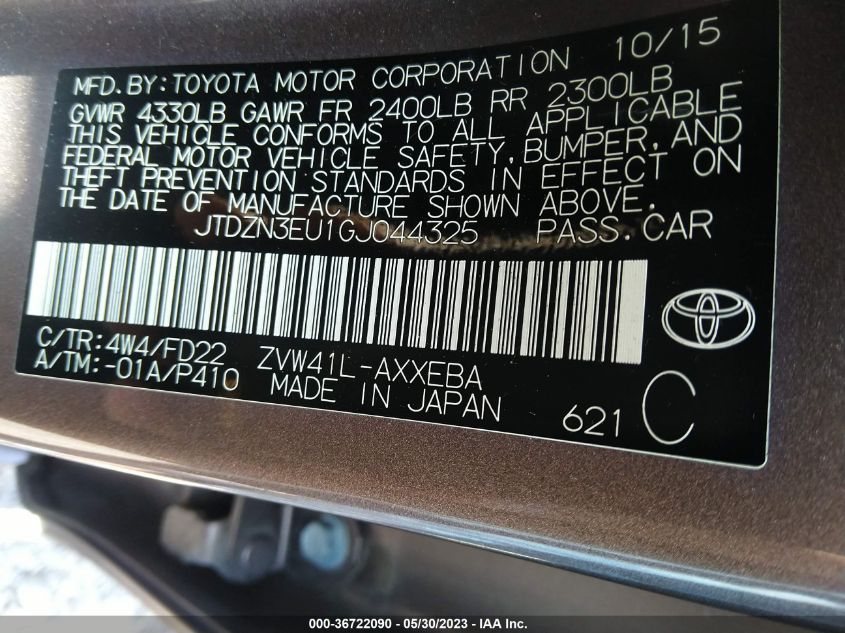 2016 TOYOTA PRIUS V TWO/FIVE/THREE/FOUR - JTDZN3EU1GJ044325