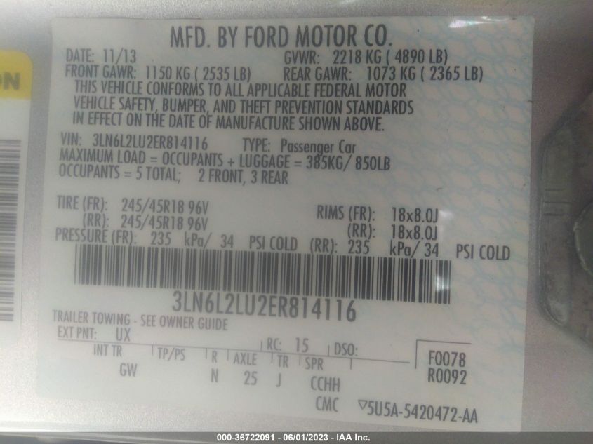 2014 LINCOLN MKZ HYBRID - 3LN6L2LU2ER814116