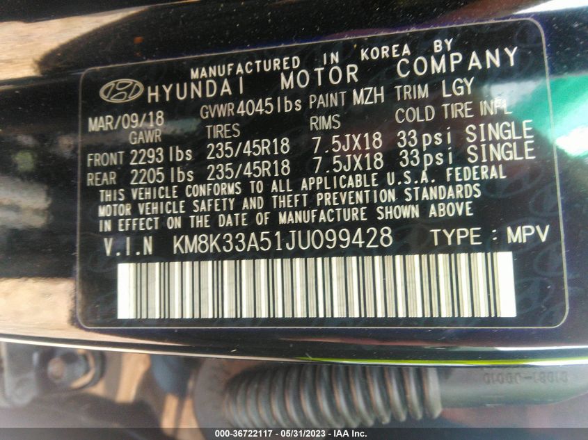 2018 HYUNDAI KONA LIMITED - KM8K33A51JU099428