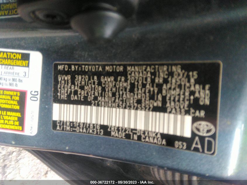 2015 TOYOTA COROLLA L/LE/S/S PLUS/LE PLUS - 2T1BURHE5FC375527