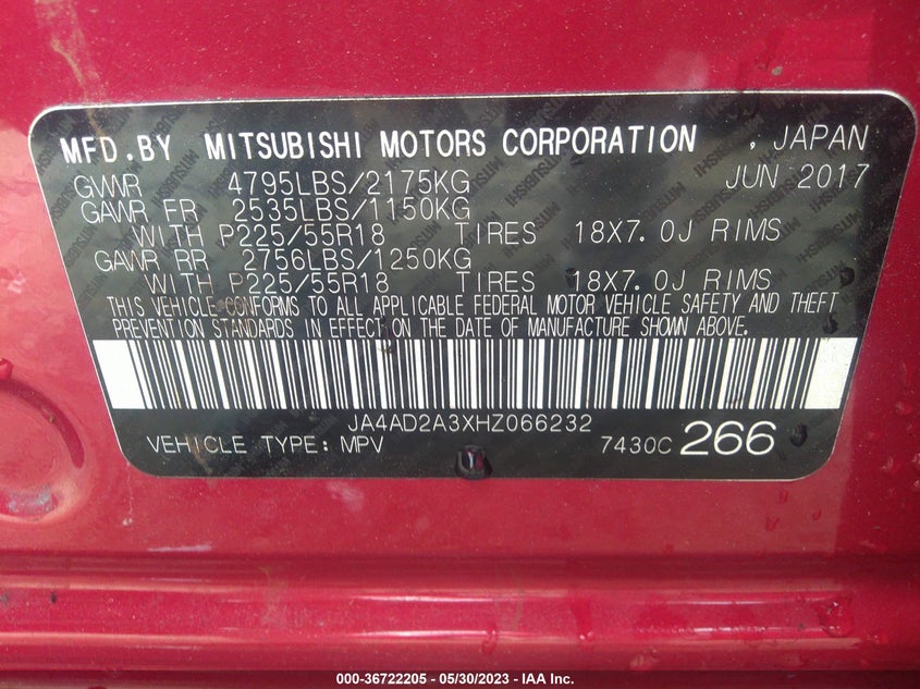 VIN JA4AD2A3XHZ066232 2017 MITSUBISHI OUTLANDER ES