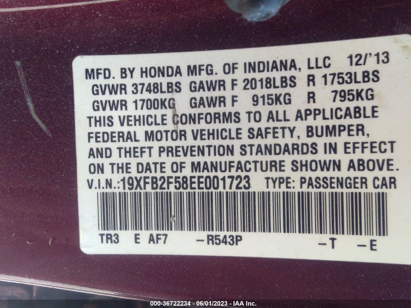 2014 HONDA CIVIC SEDAN LX - 19XFB2F58EE001723