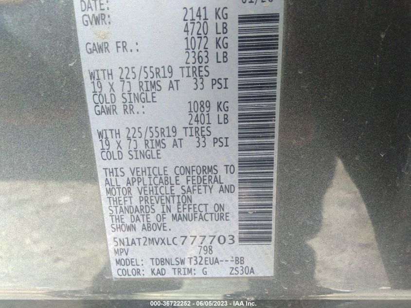 2020 NISSAN ROGUE SL - 5N1AT2MVXLC777703