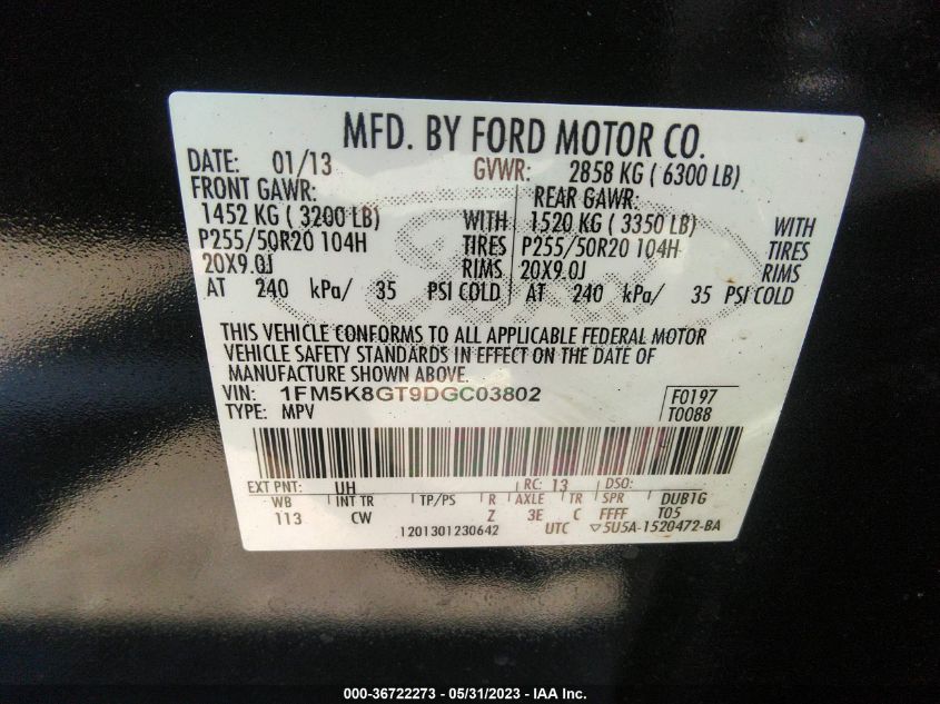 2013 FORD EXPLORER SPORT - 1FM5K8GT9DGC03802