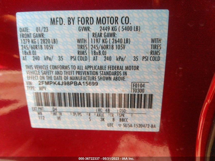 VIN 2FMPK4J98PBA15699 2023 FORD EDGE SEL