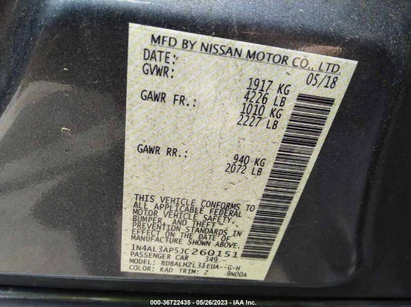 2018 NISSAN ALTIMA 2.5 SR - 1N4AL3AP5JC260151