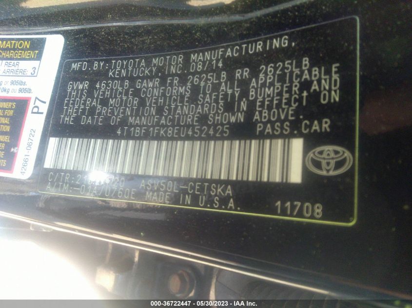2014 TOYOTA CAMRY L/LE/XLE/SE/SE SPORT - 4T1BF1FK8EU452425