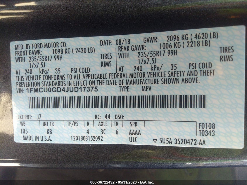 VIN 1FMCU0GD4JUD17375 2018 FORD ESCAPE SE