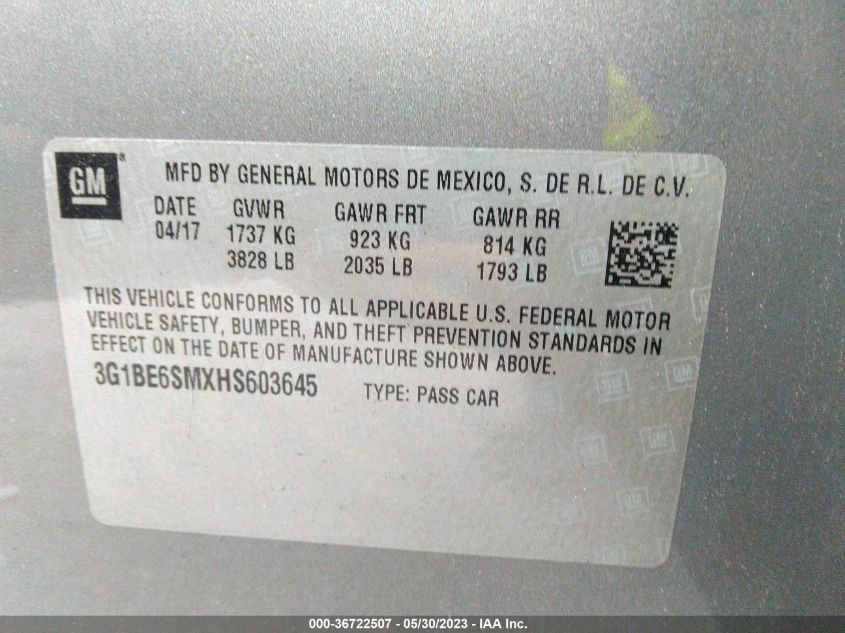 2017 CHEVROLET CRUZE LT - 3G1BE6SMXHS603645