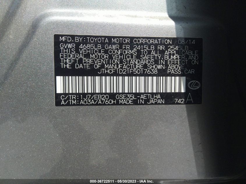 2015 LEXUS IS 250 - JTHCF1D21F5017638