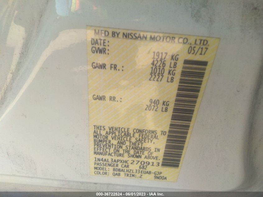 2017 NISSAN ALTIMA 2.5 SR - 1N4AL3APXHC270913