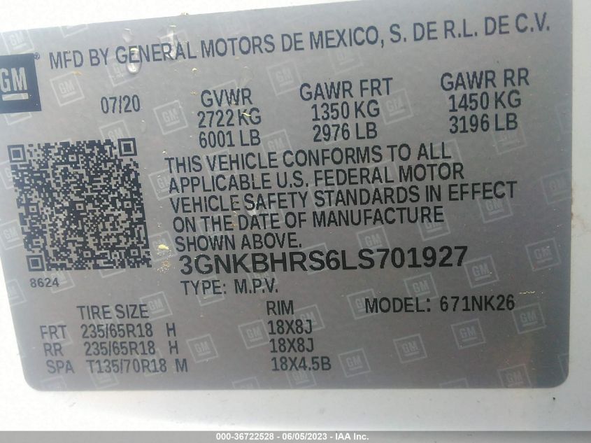 2020 CHEVROLET BLAZER LT - 3GNKBHRS6LS701927