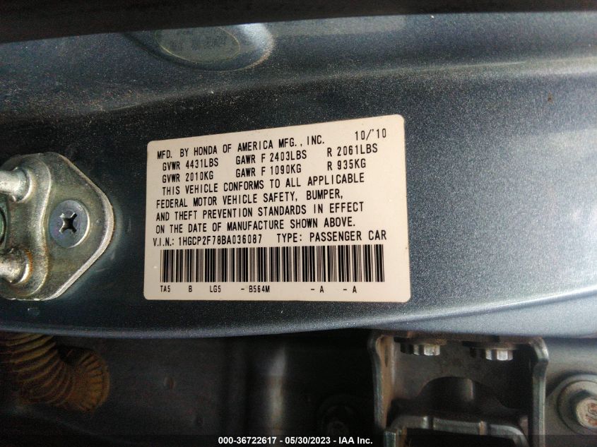 1HGCP2F78BA036087 | 2011 HONDA ACCORD