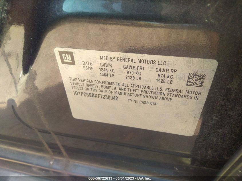 2015 CHEVROLET CRUZE LT - 1G1PC5SBXF7230042