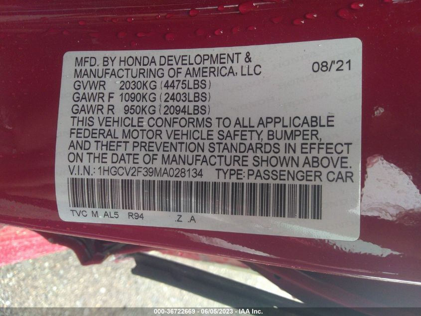 2021 HONDA ACCORD SEDAN SPORT - 1HGCV2F39MA028134