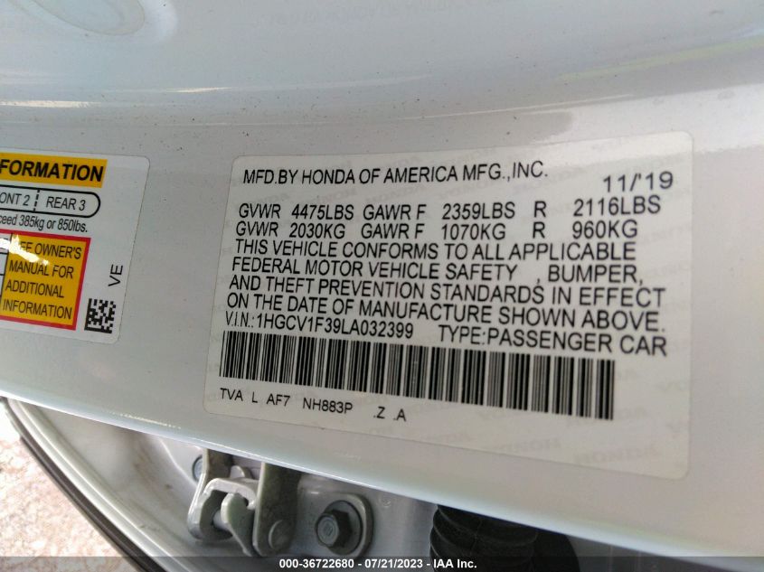 2020 HONDA ACCORD SEDAN SPORT - 1HGCV1F39LA032399