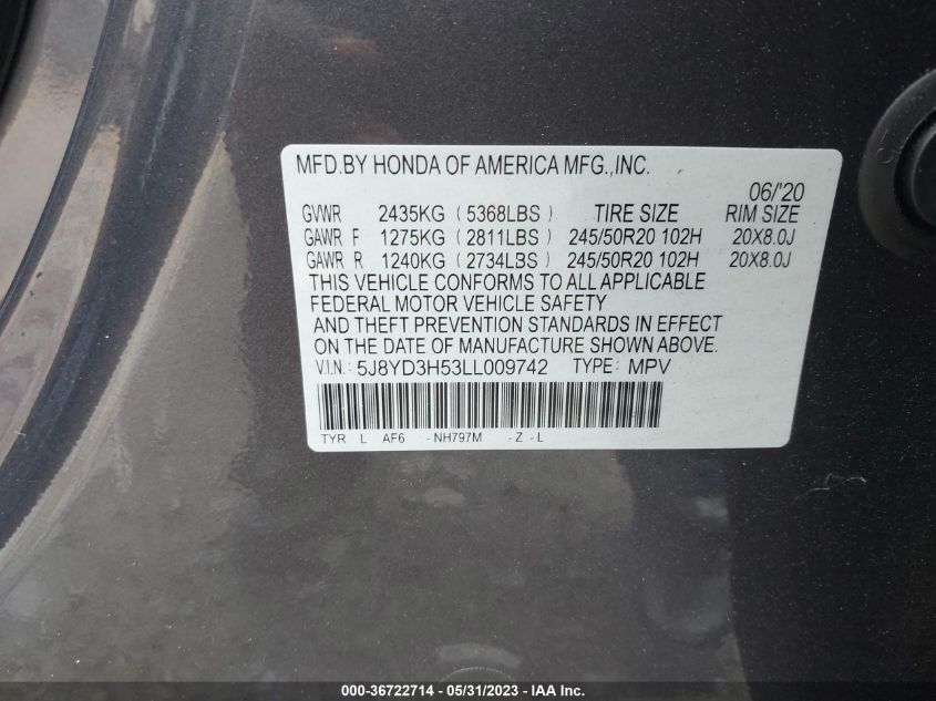 2020 ACURA MDX W/TECHNOLOGY PKG - 5J8YD3H53LL009742