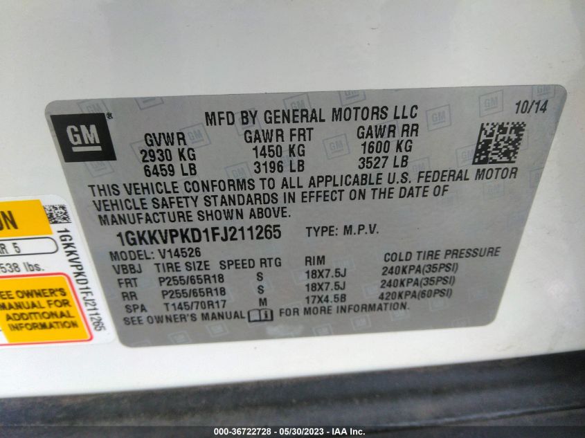 2015 GMC ACADIA SLE - 1GKKVPKD1FJ211265