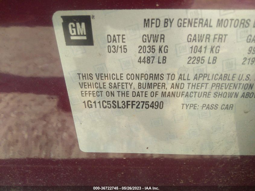 2015 CHEVROLET MALIBU LT - 1G11C5SL3FF275490