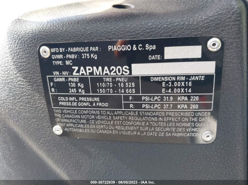 2017 PIAGGIO BV350 - ZAPMA20S0H5000069