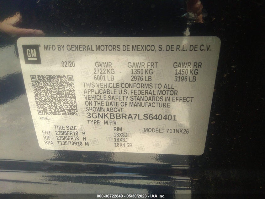 VIN 3GNKBBRA7LS640401 2020 CHEVROLET BLAZER LT