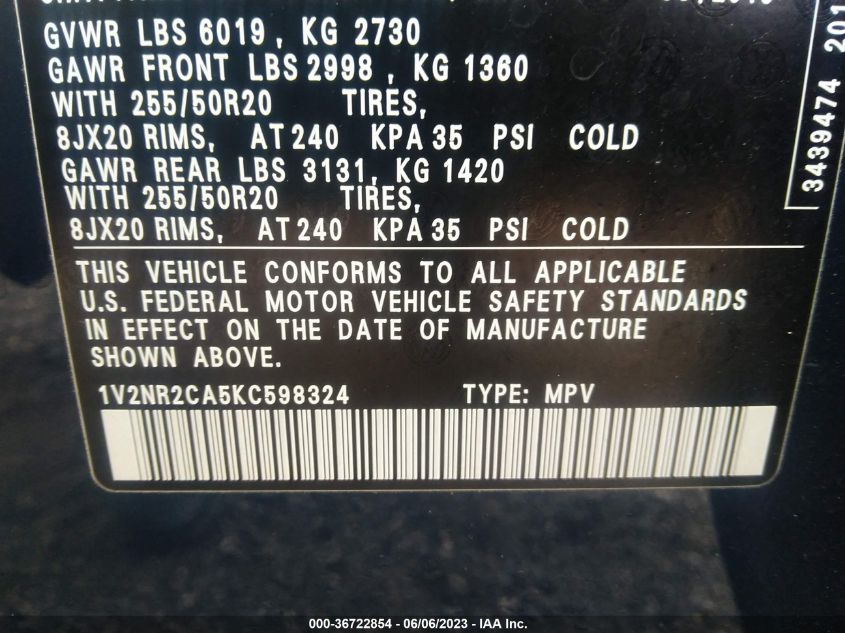 2019 VOLKSWAGEN ATLAS 3.6L V6 SEL PREMIUM - 1V2NR2CA5KC598324