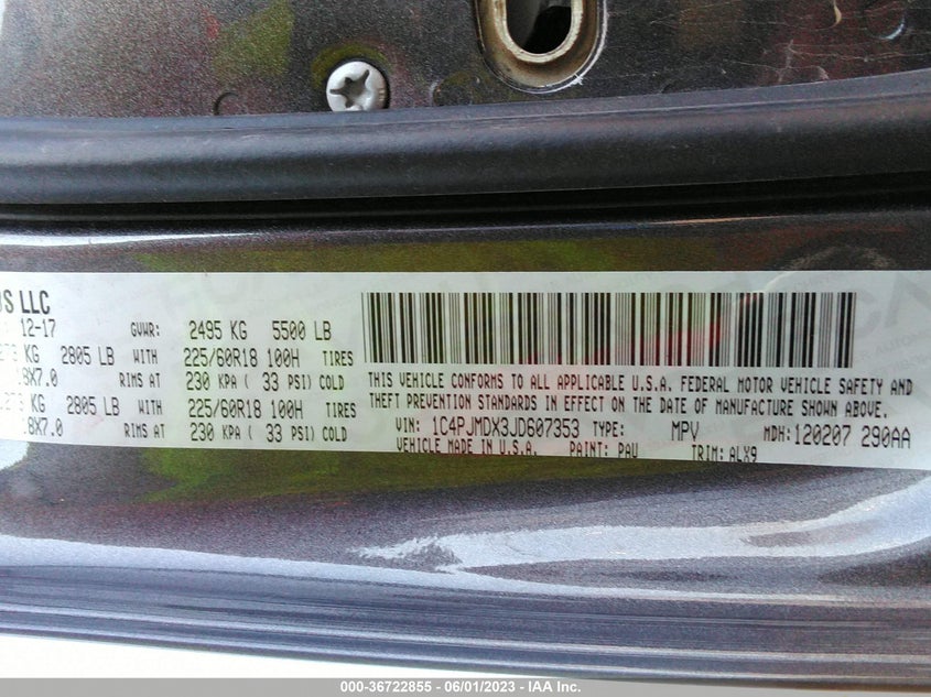 VIN 1C4PJMDX3JD607353 2018 JEEP CHEROKEE LIMITED