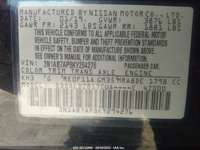 VIN 3N1AB7AP8KY294276 2019 NISSAN SENTRA SV