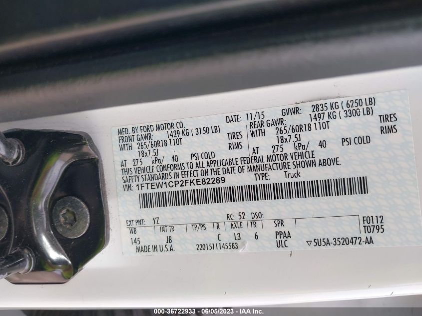 2015 FORD F-150 XL/LARIAT/XLT - 1FTEW1CP2FKE82289