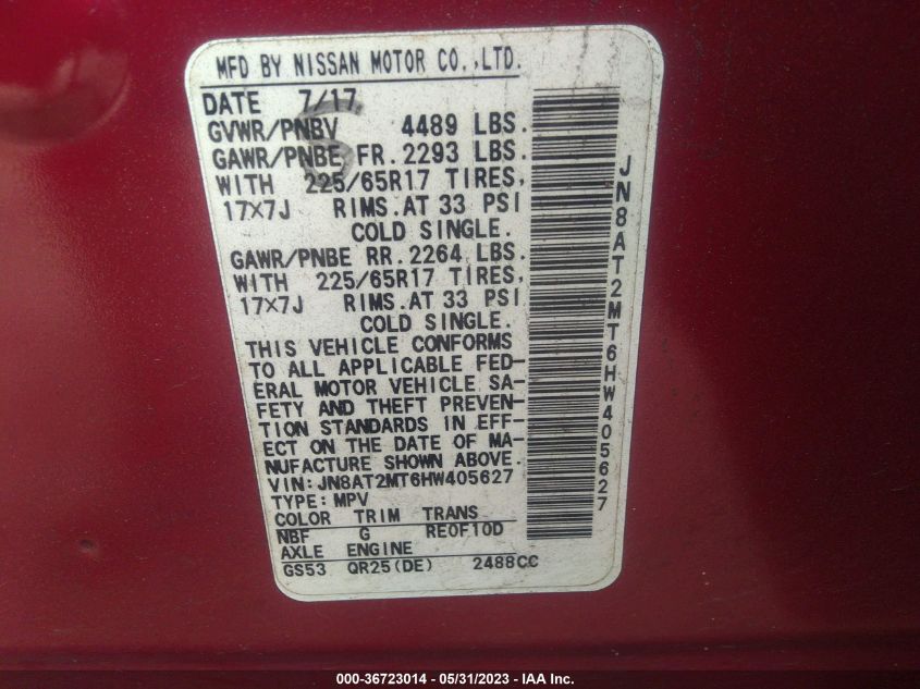 2017 NISSAN ROGUE S - JN8AT2MT6HW405627