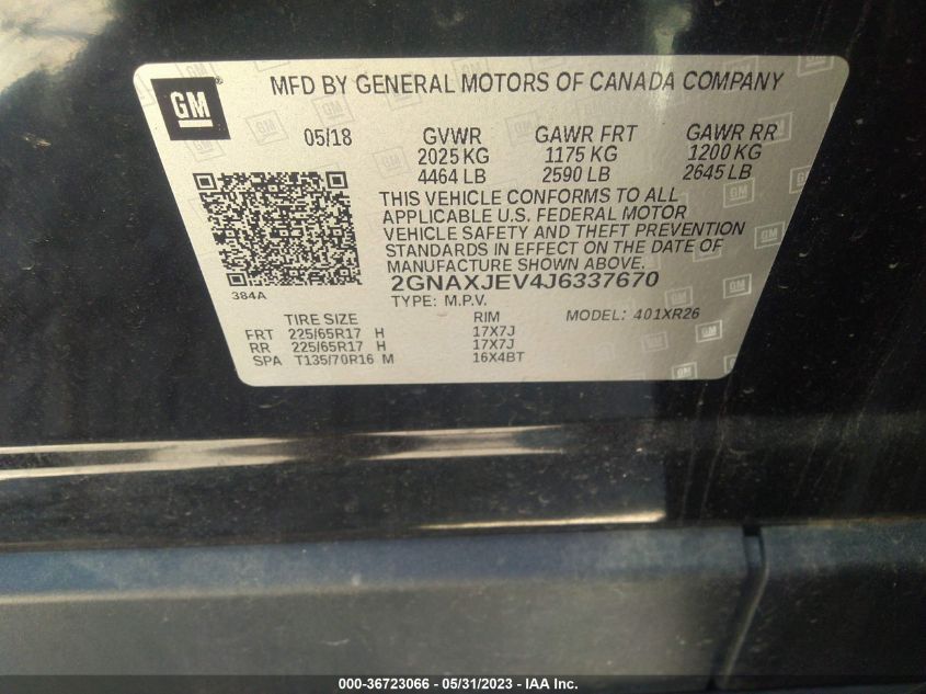 2018 CHEVROLET EQUINOX LT - 2GNAXJEV4J6337670