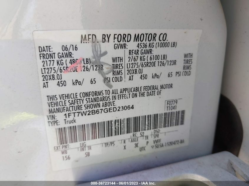 2016 FORD SUPER DUTY F-250 SRW LARIAT/PLATINUM - 1FT7W2B67GED23064