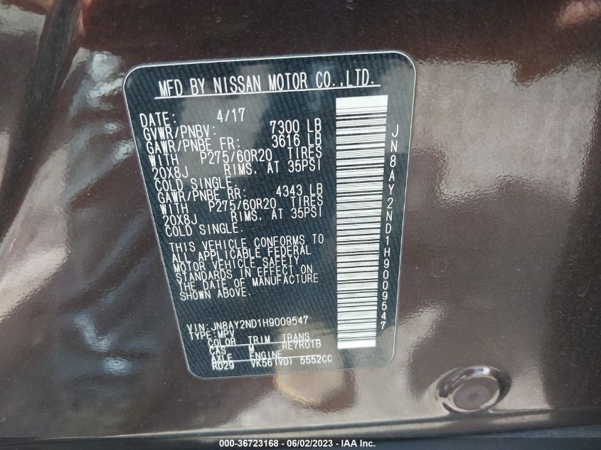 2017 NISSAN ARMADA SL - JN8AY2ND1H9009547
